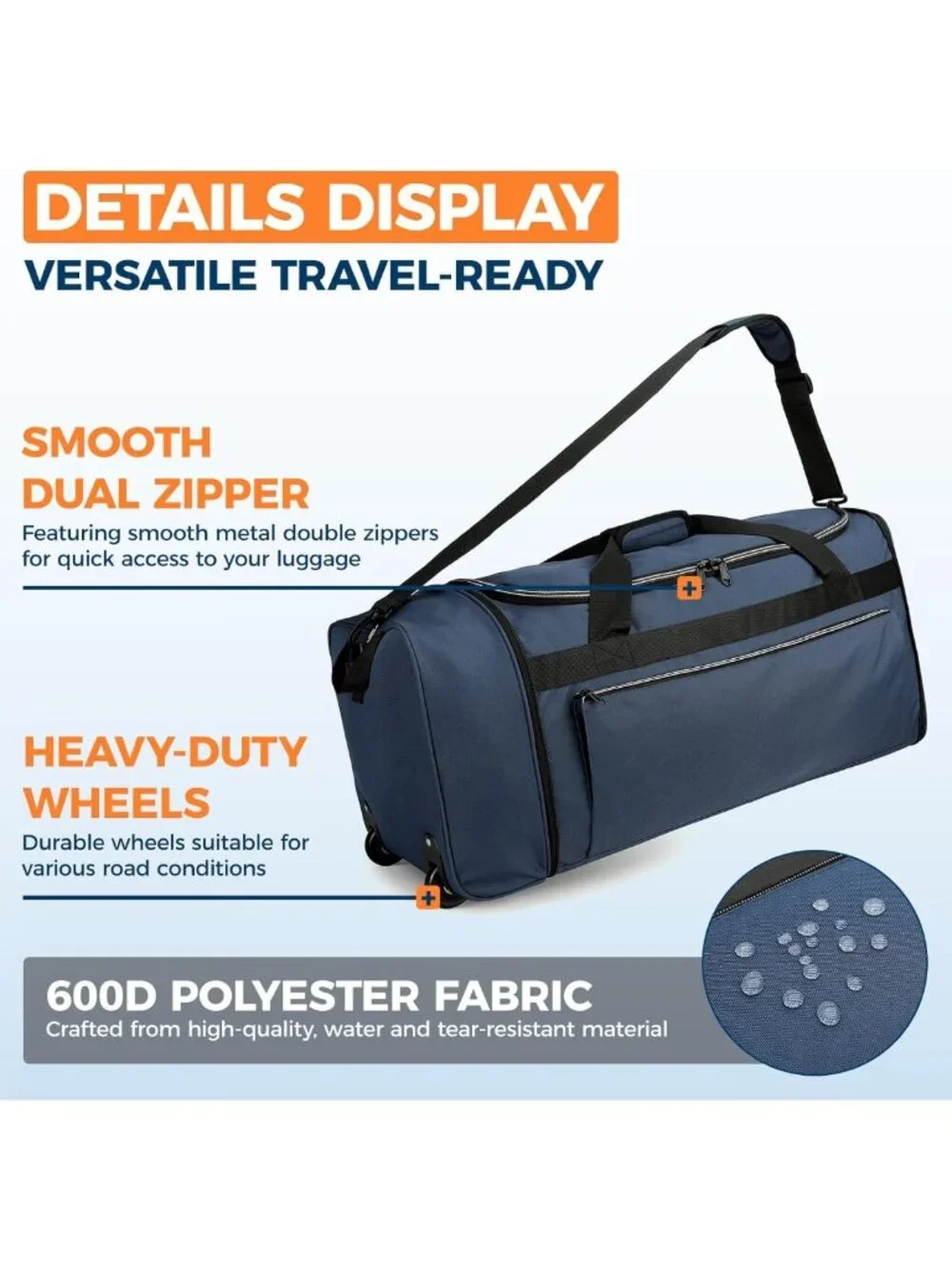 Large 28” Foldable Rolling Duffle Bag with Wheels | Water-Resistant Travel